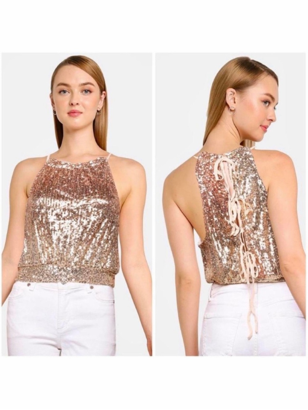Free People Lights Out Sequin Halter Tank Top - Rose Gold SIZE Medium